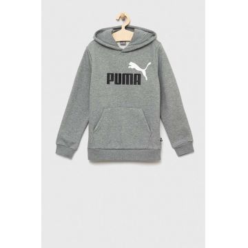 Puma bluza copii ESS+ 2 Col Big Logo Hoodie FL B culoarea gri, cu glugă, cu imprimeu Puma bluza copii ESS+ 2 Col Big Logo Hoodie FL B culoarea gri, cu glugă, cu imprimeu
