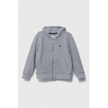 Lacoste hanorac de bumbac pentru copii culoarea gri, cu glugă, neted Lacoste hanorac de bumbac pentru copii culoarea gri, cu glugă, neted