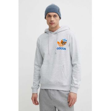 adidas Originals hanorac de bumbac bărbați, culoarea gri, cu glugă, cu imprimeu  IS2913