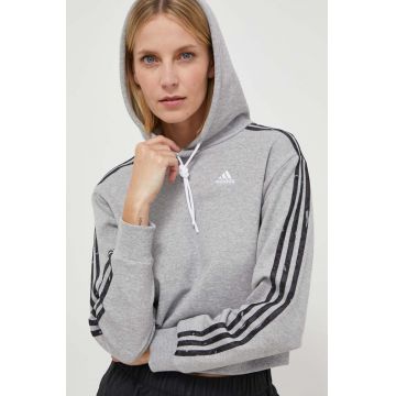 adidas hanorac de bumbac femei, culoarea gri, cu glugă, cu imprimeu IN9931 adidas hanorac de bumbac femei, culoarea gri, cu glugă, cu imprimeu IN9931