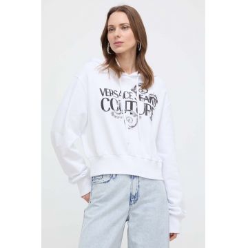 Versace Jeans Couture hanorac de bumbac femei, culoarea alb, cu glugă, cu imprimeu Versace Jeans Couture hanorac de bumbac femei, culoarea alb, cu glugă, cu imprimeu