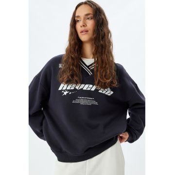 Bluza de trening cu decolteu in V si maneci cazute - Bleumarin