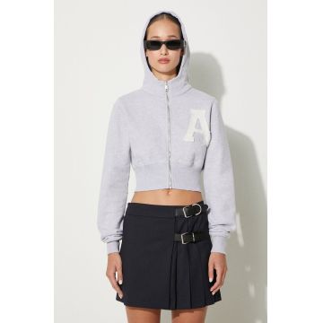 AMBUSH hanorac de bumbac Crop Hoodie femei, culoarea gri, cu glugă, melanj, BWBB002F24FLE0020505 AMBUSH hanorac de bumbac Crop Hoodie femei, culoarea gri, cu glugă, melanj, BWBB002F24FLE0020505