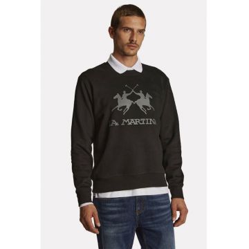 Bluza sport cu decolteu la baza gatului si imprimeu logo - Negru stins -