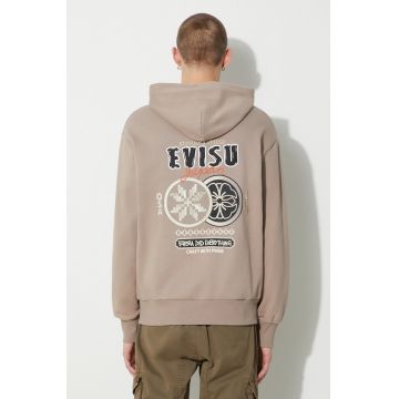 Evisu hanorac de bumbac Double Kamon EMB bărbați, culoarea bej, cu glugă, cu imprimeu, 2EAHTM3SW1076RXCT