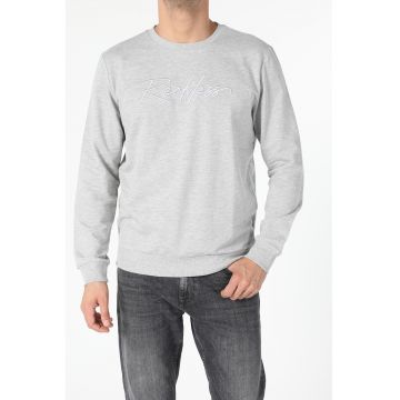 Bluza sport cu decolteu la baza gatului si text brodat - Gri deschis melange -