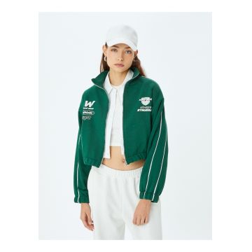 Bluza de trening crop cu fermoar si imprimeu text