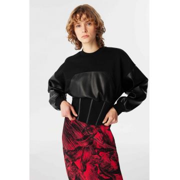Bluza de trening cu insertii din piele sintetica si buzunar kangaroo