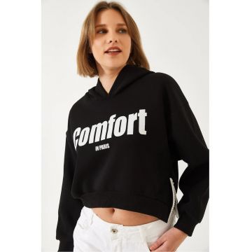 Hanorac crop supradimensionat cu gluga  negru - bumbac