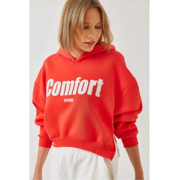 Hanorac crop supradimensionat cu gluga  rosu - bumbac