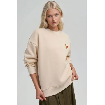 Hanorac dama confortabil - brodat cu model animal - crem - bumbac Hanorac dama confortabil - brodat cu model animal - crem - bumbac