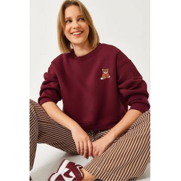 Hanorac dama -  crop - brodat - visiniu - bumbac