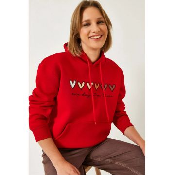 Hanorac dama  cu gluga - imprimeu elegant - rosu - bumbac