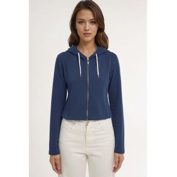 Hanorac dama -  cu gluga si fermoar - bleumarin - tricot