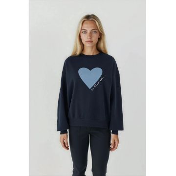 Hanorac dama  cu guler rotund - imprimeu - bleumarin - tricot