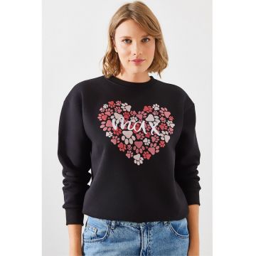 Hanorac dama -  cu guler rotund - imprimeu logo - negru - bumbac
