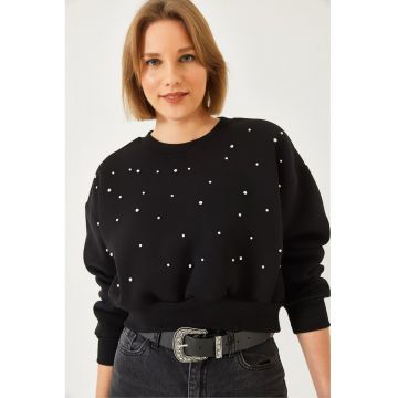 Hanorac dama -  cu guler rotund si pompom - negru - bumbac
