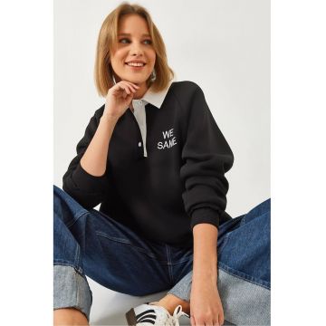 Hanorac dama -  cu maneca lunga - guler polo brodat - negru - bumbac