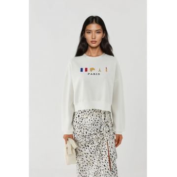 Hanorac dama  guler rotund - brodat - alb - textil