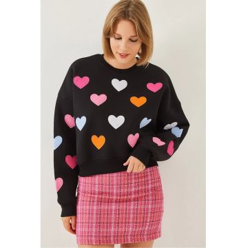 Hanorac dama -  guler rotund - brodat - negru - bumbac