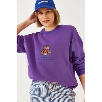 Hanorac dama -  guler rotund - brodat - violet - bumbac -