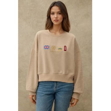 Hanorac dama  guler rotund - detalii brodate - bej - textil