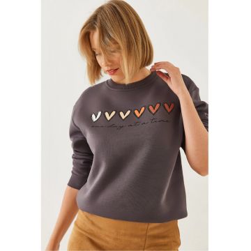 Hanorac dama -  guler rotund - model cu inima - gri - bumbac -
