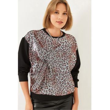 Hanorac dama -  imprimeu leopard - cu paiete - poliester