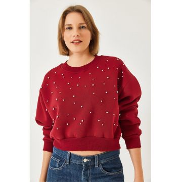 Hanorac dama  pulover cu guler rotund si model - visiniu - tricot