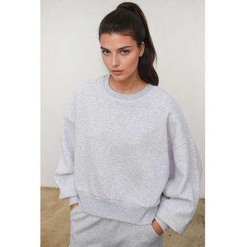 Hanorac dama -  tricotat - guler rotund - croiala lejera - gri - textil