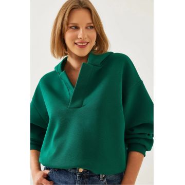 Hanorac dama  verde - poliester-bumbac - cu gluga si maneca lunga