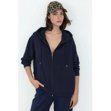 Hanorac dama -  cu fermoar integral - finisaj moale - bleumarin - textil