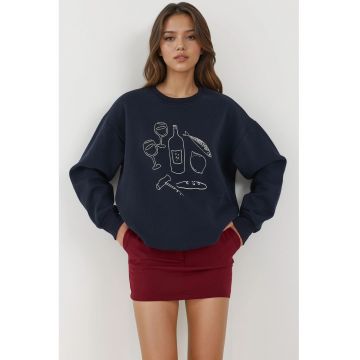 Hanorac dama  decolteu rotund - cu imprimeu - textil - albastru inchis