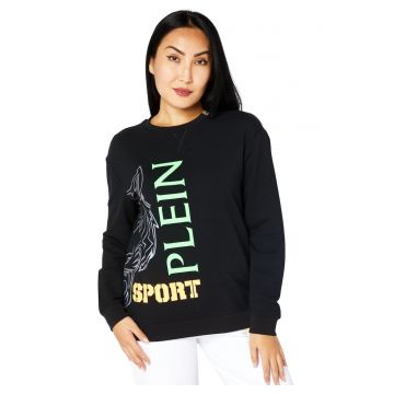 Hanorac dama  negru - imprimeu - bumbac si elastan - croiala oversize -