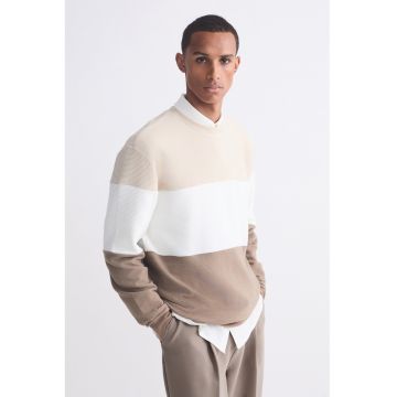 Bluza de trening cu model colorblock si decolteu la baza gatului