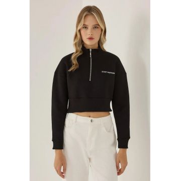 Hanorac crop -  guler cu fermoar - negru - bumbac