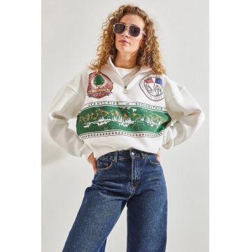 Hanorac dama  cu gluga supradimensionata - alb-verde - bumbac-poliester