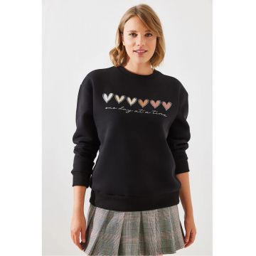 Hanorac dama -  cu guler rotund - model cu inima - negru - bumbac