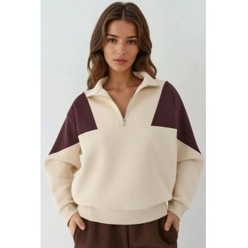 Hanorac dama  guler inalt cu fermoar - confortabil - crem - textil