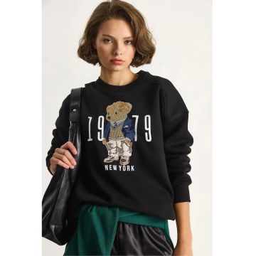 Hanorac dama  Relaxed Fit - guler rotund - negru - textil