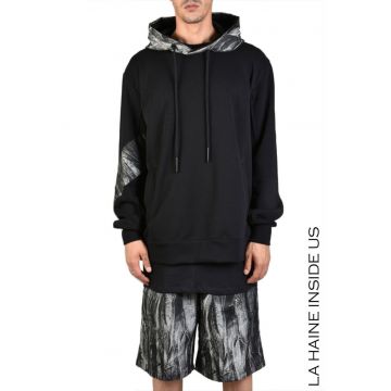 Hanorac supradimensionat cu imprimeu minimalist pe gluga si maneci