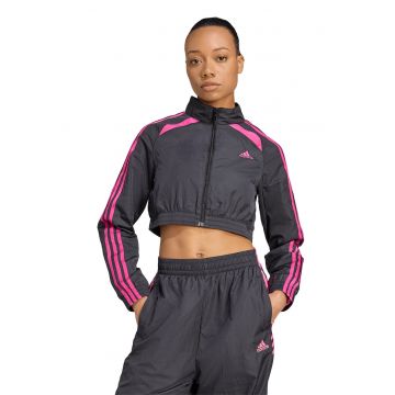 Bluza crop de trening cu fermoar si maneci cu dungi