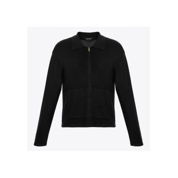 Bluza dama -  cu fermoar - doua buzunare - negru - amestec viscoza-nailon