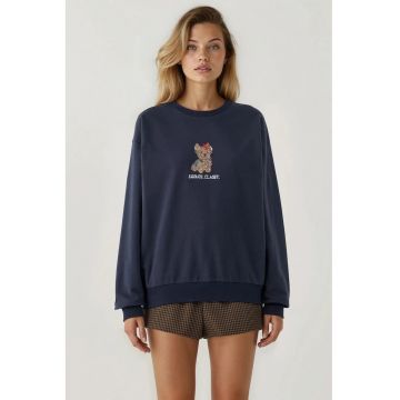 Hanorac brodat -  decolteu rotund - bleumarin - tesatura tricotata