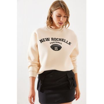 Hanorac dama  guler rotund - imprimeu logo - bej - bumbac -