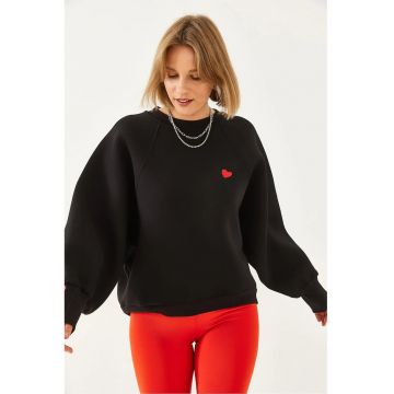 Hanorac dama - HiCCUP - cu maneca lunga - guler rotund - brodat - negru - bumbac