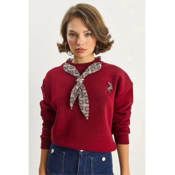 Hanorac dama  pulover cu guler rotund - brodat - rosu - textil -