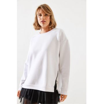 Hanorac fara gluga  guler rotund - detalii cu fermoar - alb - textil