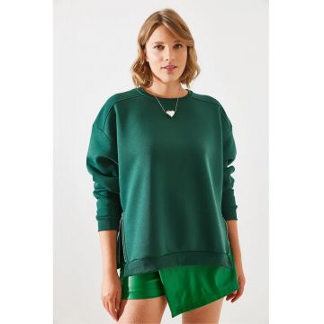 Hanorac  guler rotund - cu fermoar decorativ - verde - textil