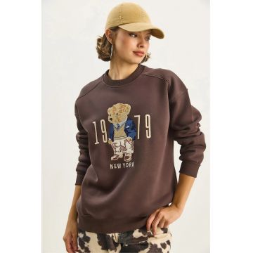 Hanorac pentru dama -  croiala lejera - cu imprimeu - maro - textil -